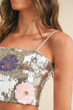 Silver Floral Sequin Crop Top And Mini Skirt Set