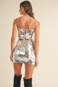 Silver Floral Sequin Crop Top And Mini Skirt Set
