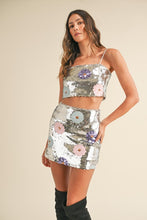 Silver Floral Sequin Crop Top And Mini Skirt Set