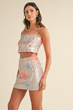 Blush Floral Sequin Crop Top And Mini Skirt Set