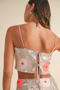 Blush Floral Sequin Crop Top And Mini Skirt Set