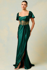 Hunter Green Off Shoulder Twist Pleat Illusion Top Sheath Dress