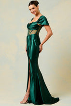 Hunter Green Off Shoulder Twist Pleat Illusion Top Sheath Dress