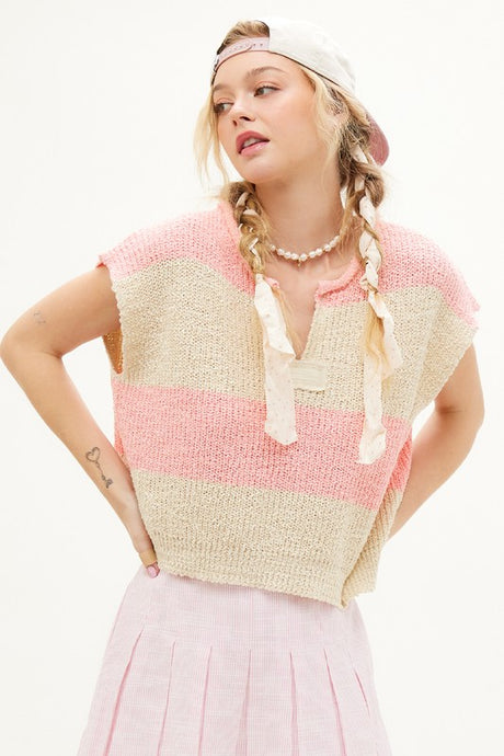Bubble Gum/Ecru Stripe Design Sleeveless Sweater