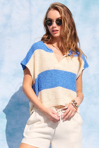 Blue/Ecru Stripe Design Sleeveless Sweater