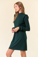 Hunter Green Rib Knit Ruffled Mock Neck Long Sleeve Mini Dress
