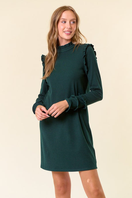 Hunter Green Rib Knit Ruffled Mock Neck Long Sleeve Mini Dress