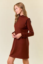 Chestnut Rib Knit Ruffled Mock Neck Long Sleeve Mini Dress