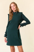Hunter Green Rib Knit Ruffled Mock Neck Long Sleeve Mini Dress