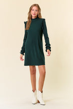 Hunter Green Rib Knit Ruffled Mock Neck Long Sleeve Mini Dress