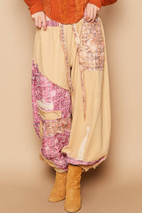 Camel Floral Print Patchwork Twill Joger Pants