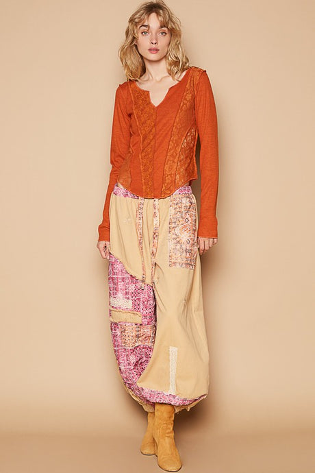 Camel Floral Print Patchwork Twill Joger Pants