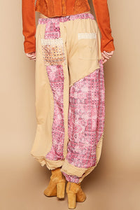 Camel Floral Print Patchwork Twill Joger Pants
