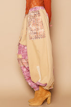 Camel Floral Print Patchwork Twill Joger Pants