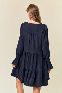 Dk.Grey Cuff Puff Long Sleeve Tiered Mini Dress