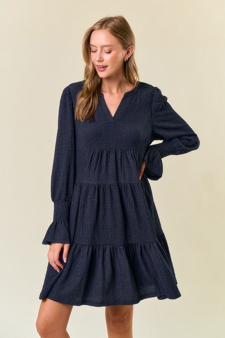 Dk.Grey Cuff Puff Long Sleeve Tiered Mini Dress