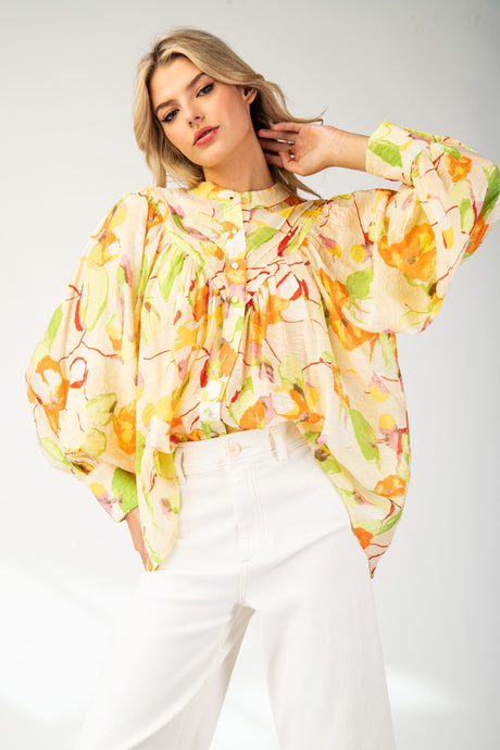 Lemon Floral Printed Long Sleeve Blouse Top
