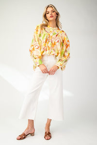 Lemon Floral Printed Long Sleeve Blouse Top
