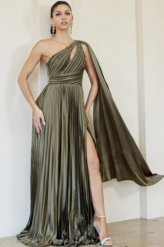 Olive One Shoulder Peek-A-Boo Cutout Pleated Maxi Dress