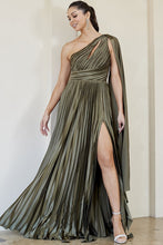 Olive One Shoulder Peek-A-Boo Cutout Pleated Maxi Dress