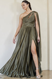 Olive One Shoulder Peek-A-Boo Cutout Pleated Maxi Dress