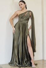 Olive One Shoulder Peek-A-Boo Cutout Pleated Maxi Dress