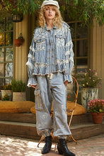 Stripe Denim Vintage Washed Lace Ruffle Solid Jacket