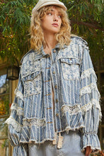 Stripe Denim Vintage Washed Lace Ruffle Solid Jacket