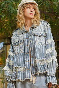 Stripe Denim Vintage Washed Lace Ruffle Solid Jacket