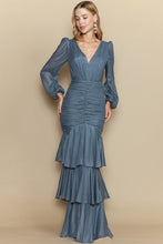 Slate Blue Deep V Neck Long Sleeve Ruffle Layered Maxi Dress