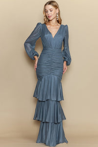 Slate Blue Deep V Neck Long Sleeve Ruffle Layered Maxi Dress