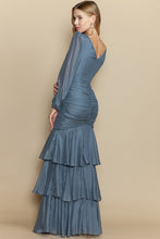 Slate Blue Deep V Neck Long Sleeve Ruffle Layered Maxi Dress