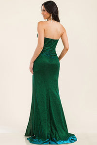 Green Strapless Glitter Long Train Mermaid Maxi Dress