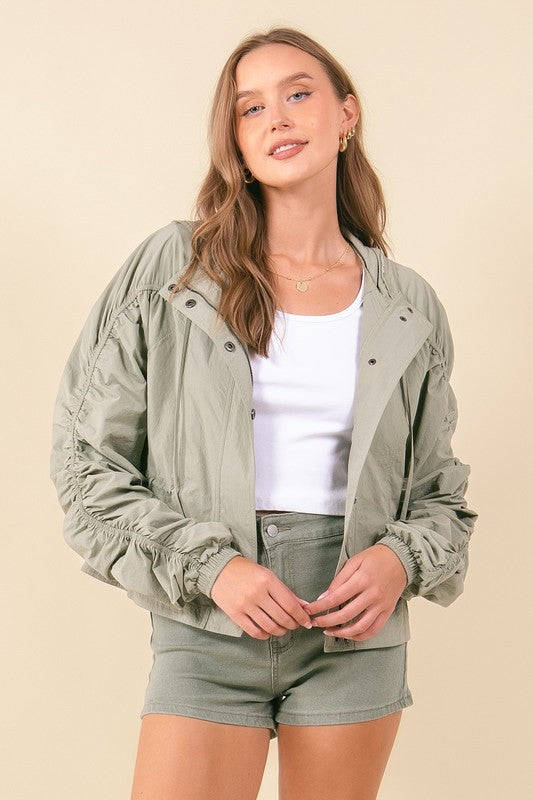 Moss Cinched Sleeve Lightweight Hooded Jacket