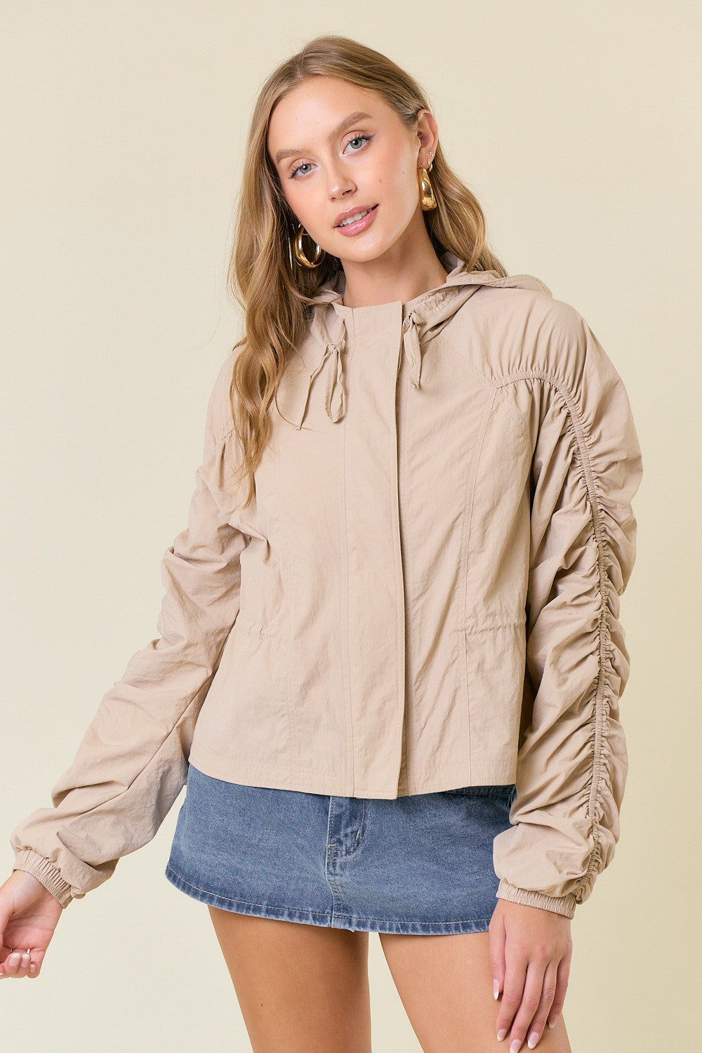 Beige Cinched Sleeve Lightweight Hooded Jacket