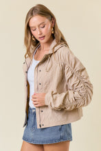Beige Cinched Sleeve Lightweight Hooded Jacket