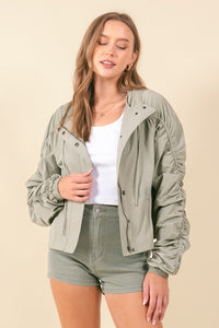 Moss Cinched Sleeve Lightweight Hooded Jacket