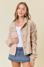 Beige Cinched Sleeve Lightweight Hooded Jacket