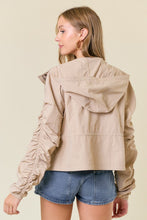 Beige Cinched Sleeve Lightweight Hooded Jacket