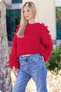 Red Knitted Fringe Shaggy Sweater Aquarius Brand