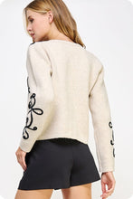 Ecru/Black Contrast Squiggle Embroidered Cardigan Sweater