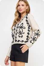 Ecru/Black Contrast Squiggle Embroidered Cardigan Sweater