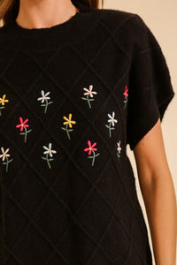 Black Embroidered Flower Sweater Top