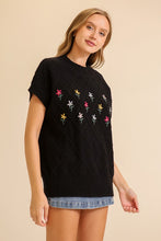 Black Embroidered Flower Sweater Top