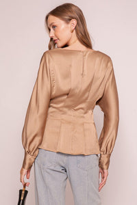 Mocha Shiny Blouse With Fabric Belt