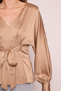 Mocha Shiny Blouse With Fabric Belt