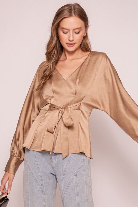 Mocha Shiny Blouse With Fabric Belt