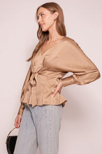 Mocha Shiny Blouse With Fabric Belt