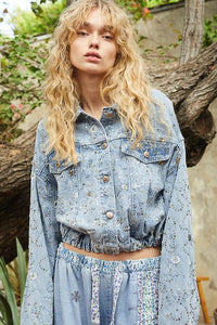 Beads And Spangle Textured Denim Jacket