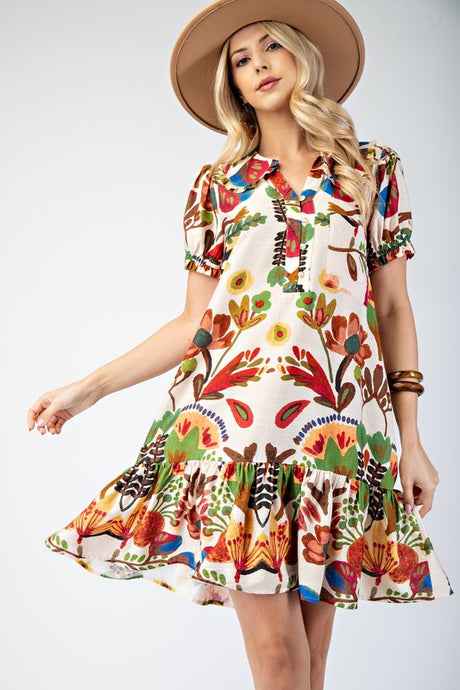 Brown Multi Peter Pan Collar Button Down Mini Dress